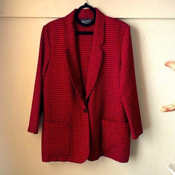 Vintage Requirements red checkered button from blazer with shoulder pads - Picture 1 of 8